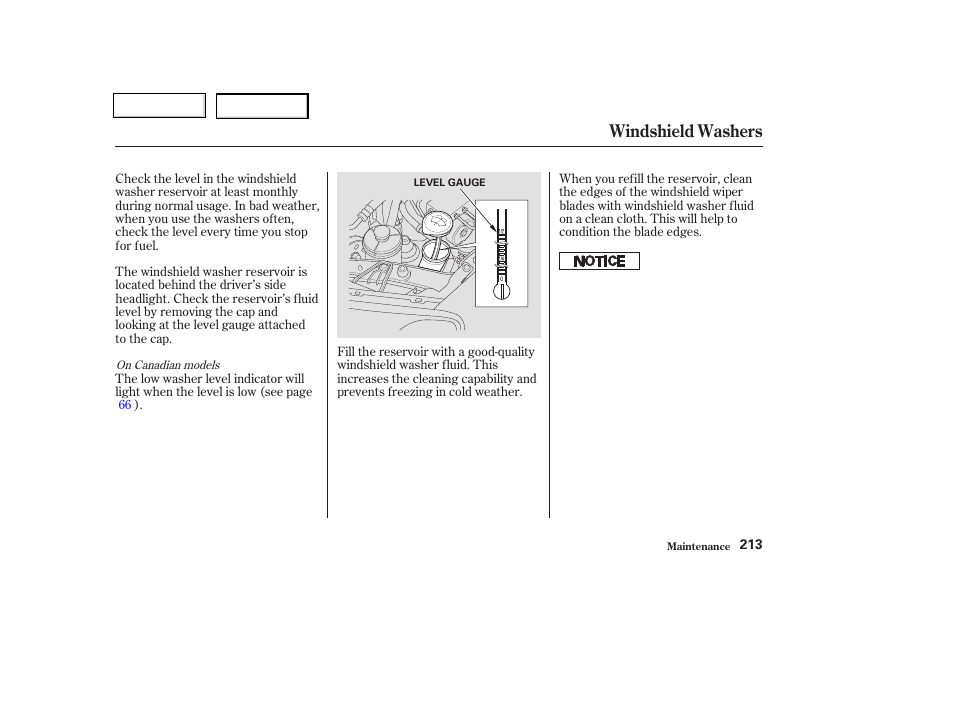 Windshield washers | HONDA 2003 Civic Coupe - Owner's Manual User Manual | Page 216 / 319