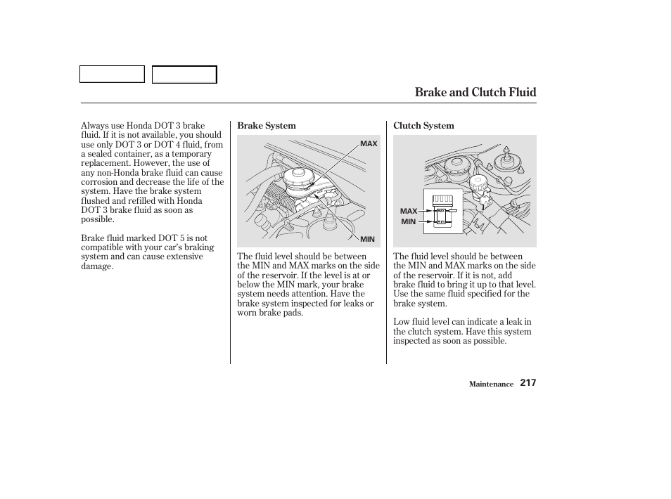 Brake and clutch fluid | HONDA 2003 Civic Coupe - Owner's Manual User Manual | Page 220 / 319