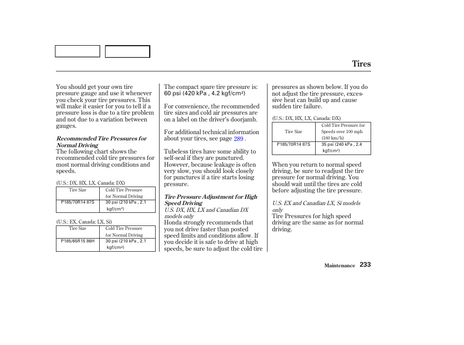 Tires | HONDA 2003 Civic Coupe - Owner's Manual User Manual | Page 236 / 319