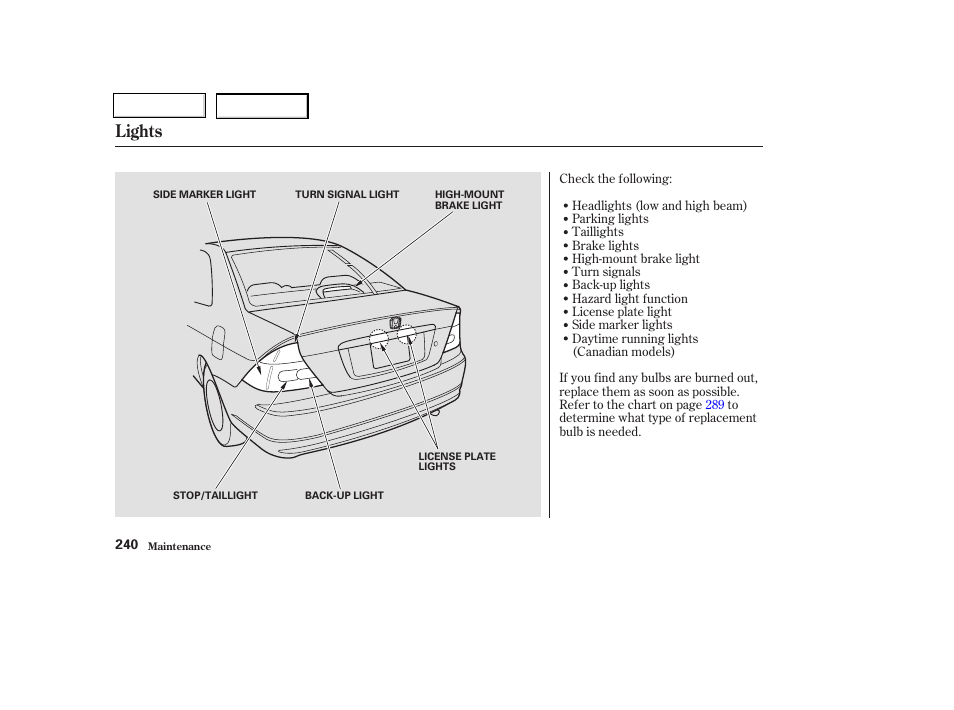 Lights | HONDA 2003 Civic Coupe - Owner's Manual User Manual | Page 243 / 319