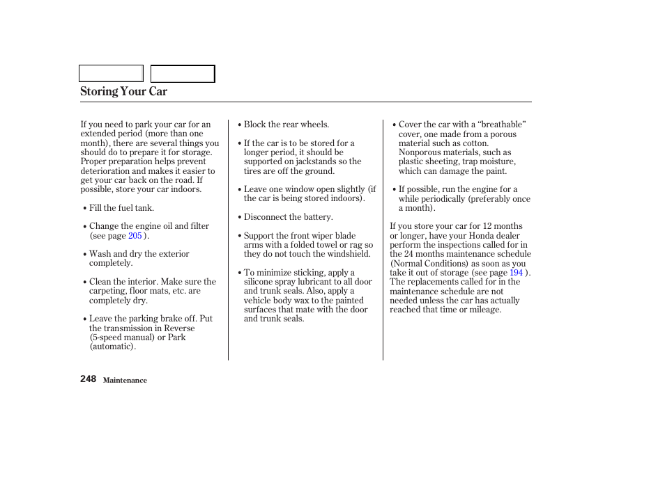 Storing your car | HONDA 2003 Civic Coupe - Owner's Manual User Manual | Page 251 / 319
