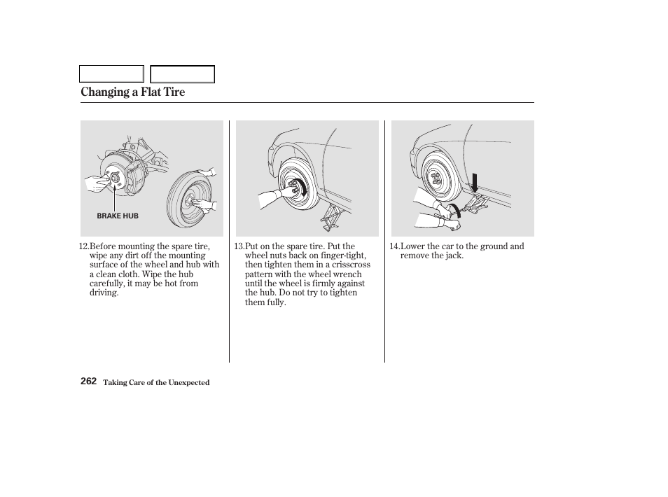 Changing a flat tire | HONDA 2003 Civic Coupe - Owner's Manual User Manual | Page 265 / 319