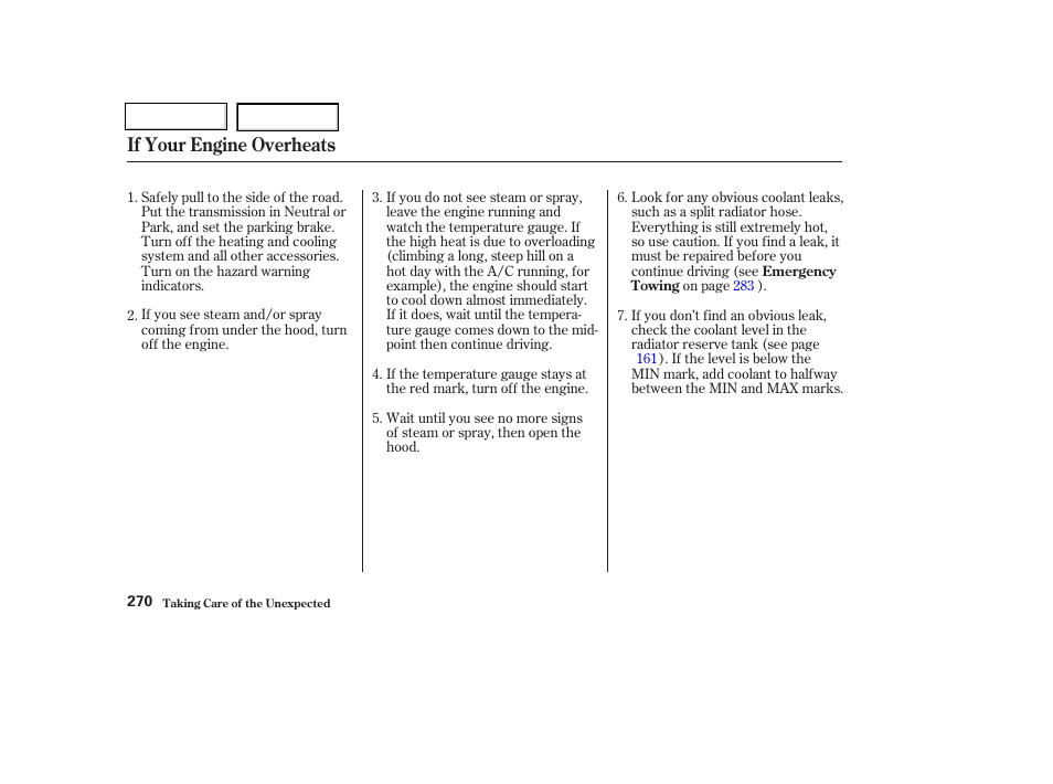 If your engine overheats | HONDA 2003 Civic Coupe - Owner's Manual User Manual | Page 273 / 319