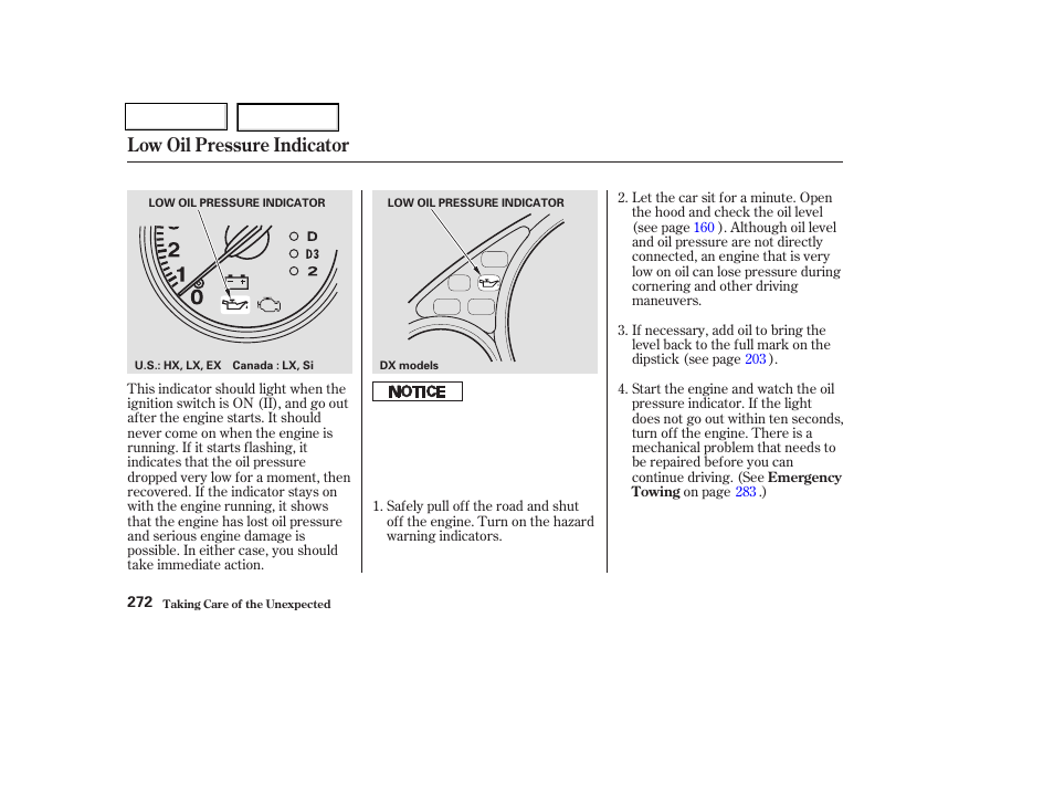 Low oil pressure indicator | HONDA 2003 Civic Coupe - Owner's Manual User Manual | Page 275 / 319