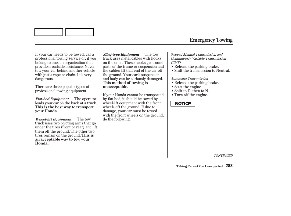 Emergency towing | HONDA 2003 Civic Coupe - Owner's Manual User Manual | Page 286 / 319