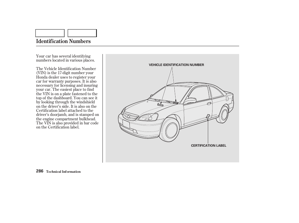 Identification numbers | HONDA 2003 Civic Coupe - Owner's Manual User Manual | Page 289 / 319