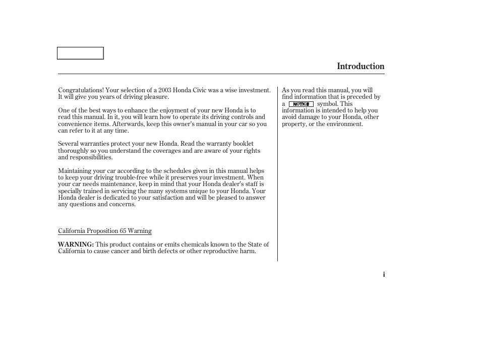 Introduction | HONDA 2003 Civic Coupe - Owner's Manual User Manual | Page 3 / 319