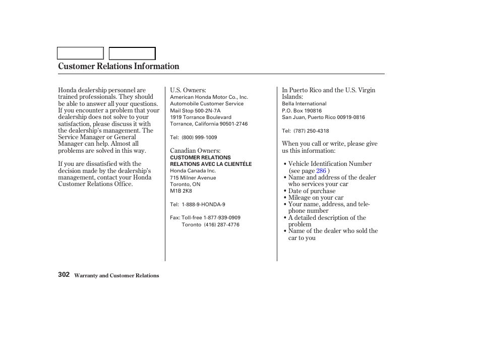 Customer relations information | HONDA 2003 Civic Coupe - Owner's Manual User Manual | Page 305 / 319