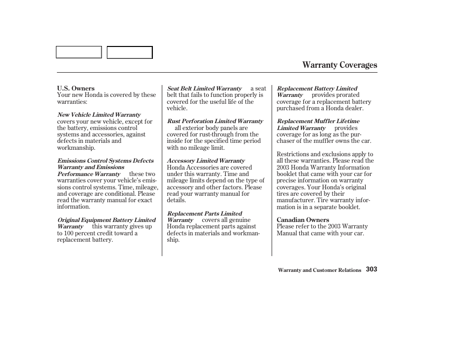 Warranty coverages | HONDA 2003 Civic Coupe - Owner's Manual User Manual | Page 306 / 319
