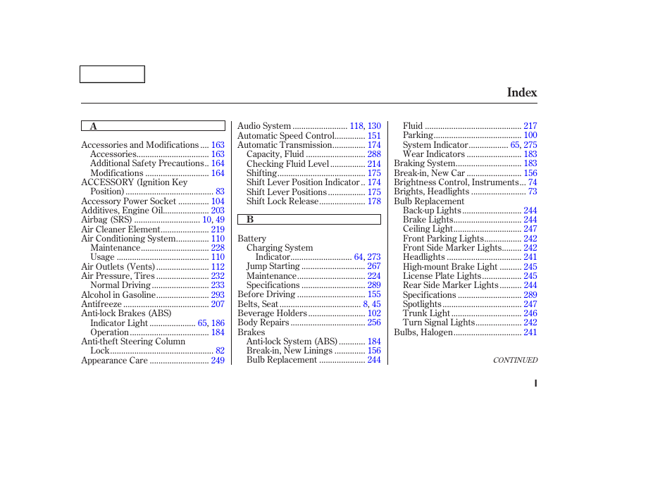 Index | HONDA 2003 Civic Coupe - Owner's Manual User Manual | Page 310 / 319