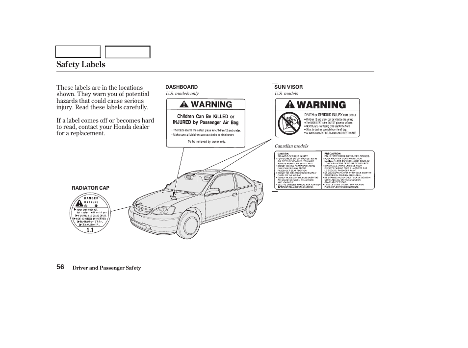 Safety labels | HONDA 2003 Civic Coupe - Owner's Manual User Manual | Page 59 / 319