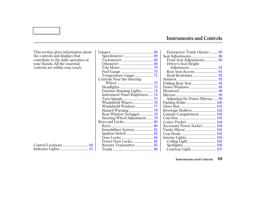 Instruments and controls | HONDA 2003 Civic Coupe - Owner's Manual User Manual | Page 62 / 319