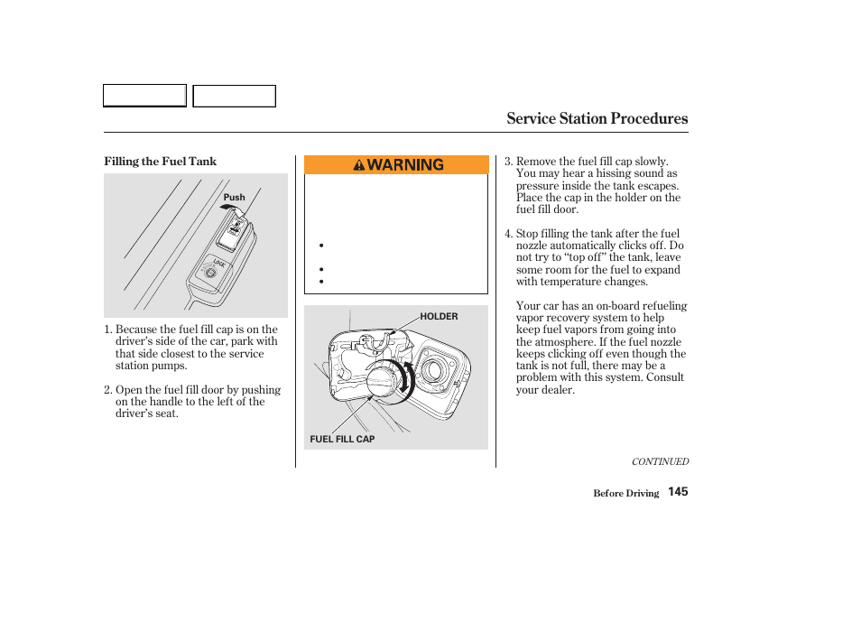 Service station procedures | HONDA 2003 Civic Hybrid - Owner's Manual User Manual | Page 148 / 317