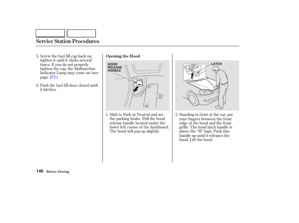 Service station procedures | HONDA 2003 Civic Hybrid - Owner's Manual User Manual | Page 149 / 317