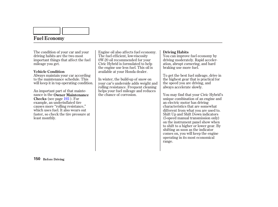 Fuel economy | HONDA 2003 Civic Hybrid - Owner's Manual User Manual | Page 153 / 317