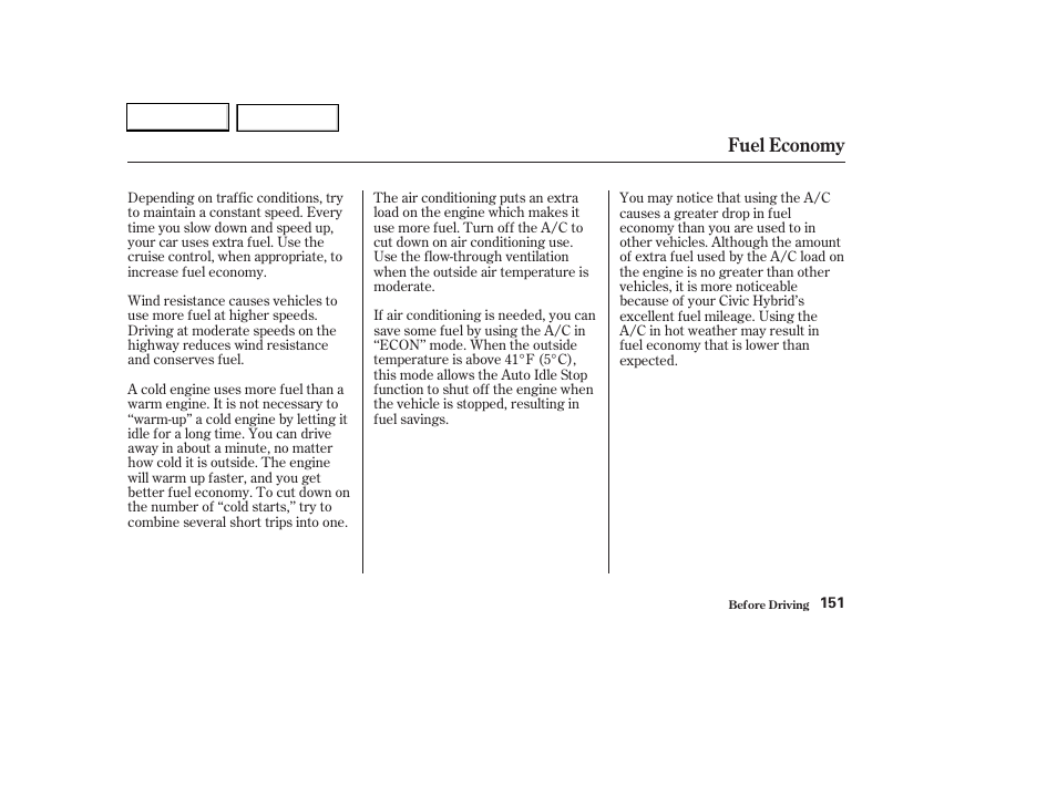 Fuel economy | HONDA 2003 Civic Hybrid - Owner's Manual User Manual | Page 154 / 317