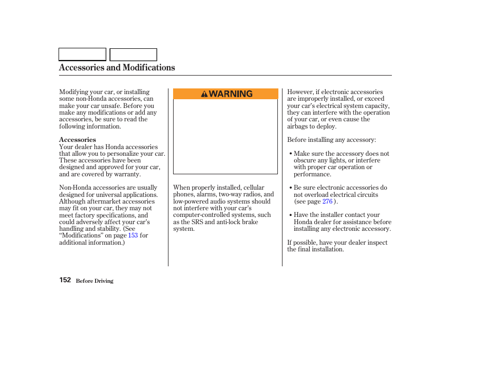 Accessories and modifications | HONDA 2003 Civic Hybrid - Owner's Manual User Manual | Page 155 / 317
