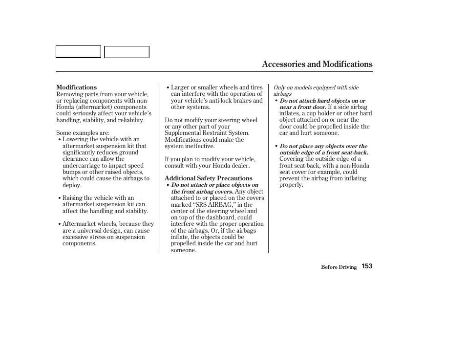 Accessories and modifications | HONDA 2003 Civic Hybrid - Owner's Manual User Manual | Page 156 / 317