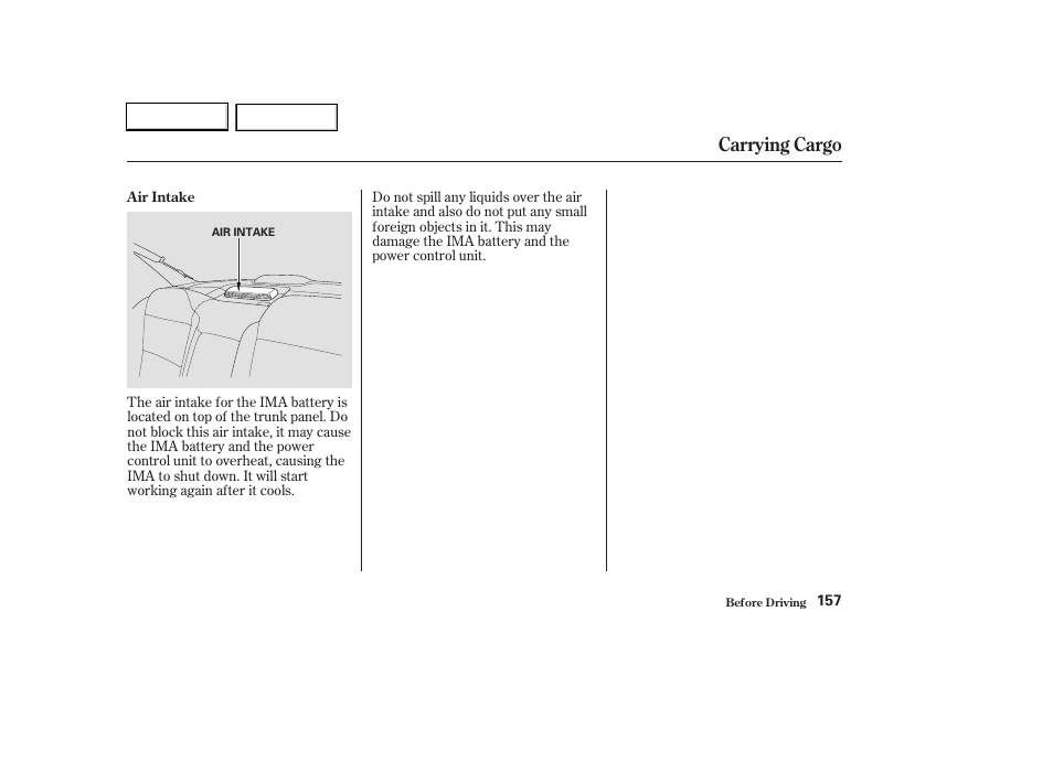 Carrying cargo | HONDA 2003 Civic Hybrid - Owner's Manual User Manual | Page 160 / 317