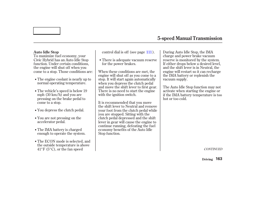 Speed manual transmission | HONDA 2003 Civic Hybrid - Owner's Manual User Manual | Page 166 / 317