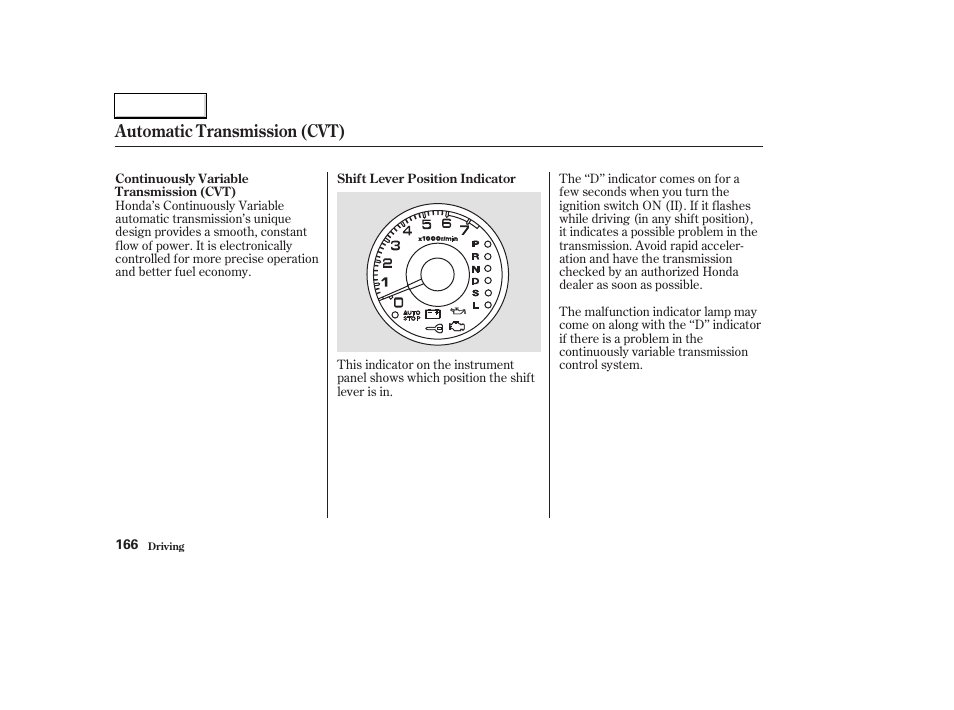Automatic transmission (cvt) | HONDA 2003 Civic Hybrid - Owner's Manual User Manual | Page 169 / 317