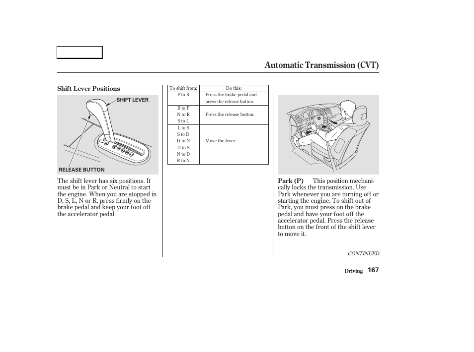 Automatic transmission (cvt) | HONDA 2003 Civic Hybrid - Owner's Manual User Manual | Page 170 / 317