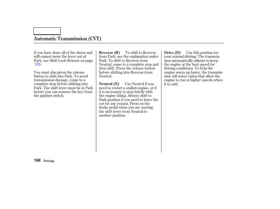 Automatic transmission (cvt) | HONDA 2003 Civic Hybrid - Owner's Manual User Manual | Page 171 / 317
