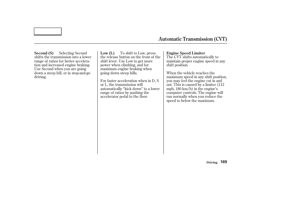 Automatic transmission (cvt) | HONDA 2003 Civic Hybrid - Owner's Manual User Manual | Page 172 / 317