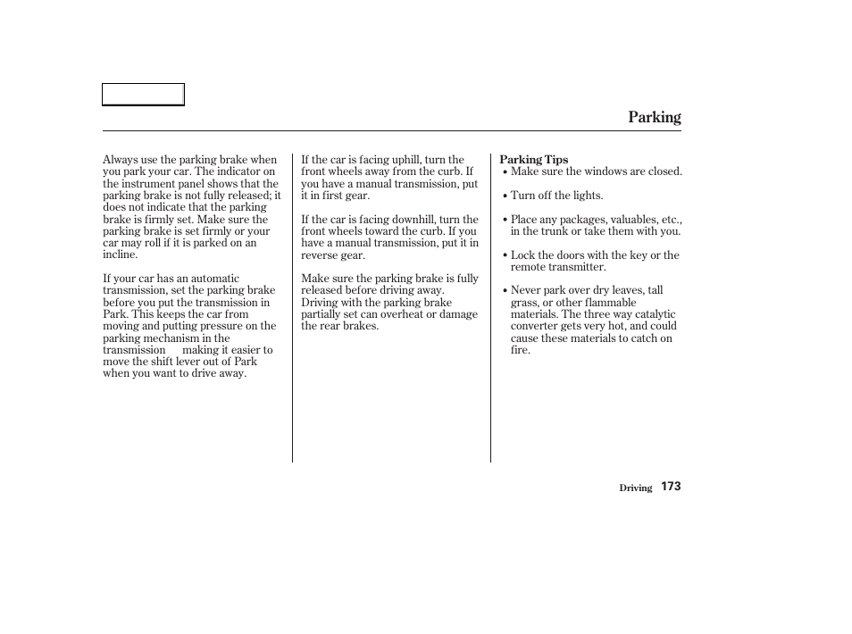 Parking | HONDA 2003 Civic Hybrid - Owner's Manual User Manual | Page 176 / 317