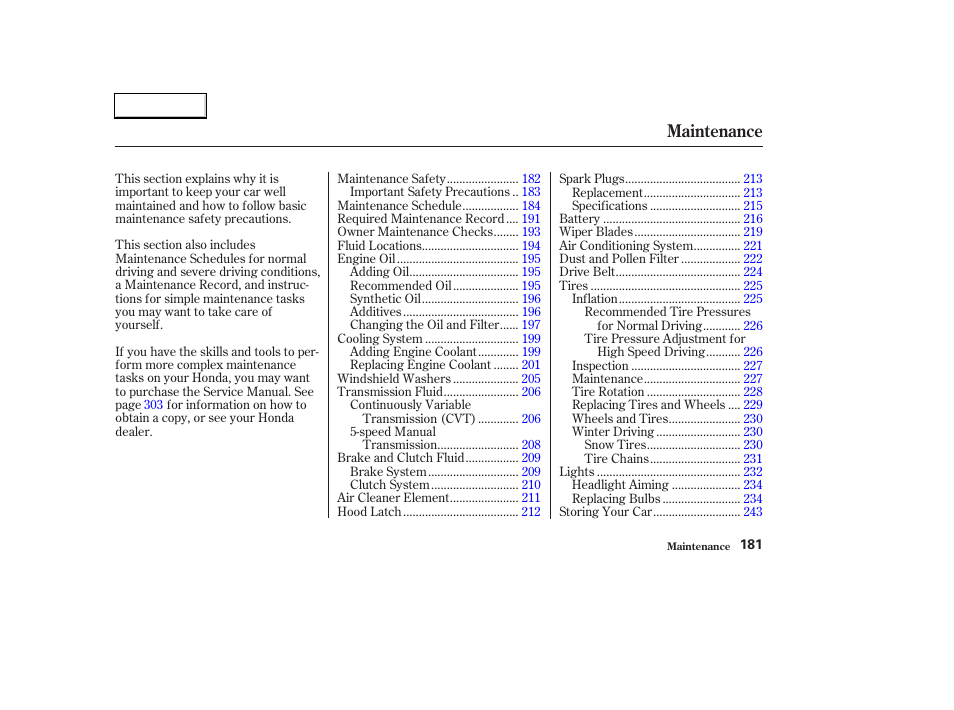 Maintenance | HONDA 2003 Civic Hybrid - Owner's Manual User Manual | Page 184 / 317