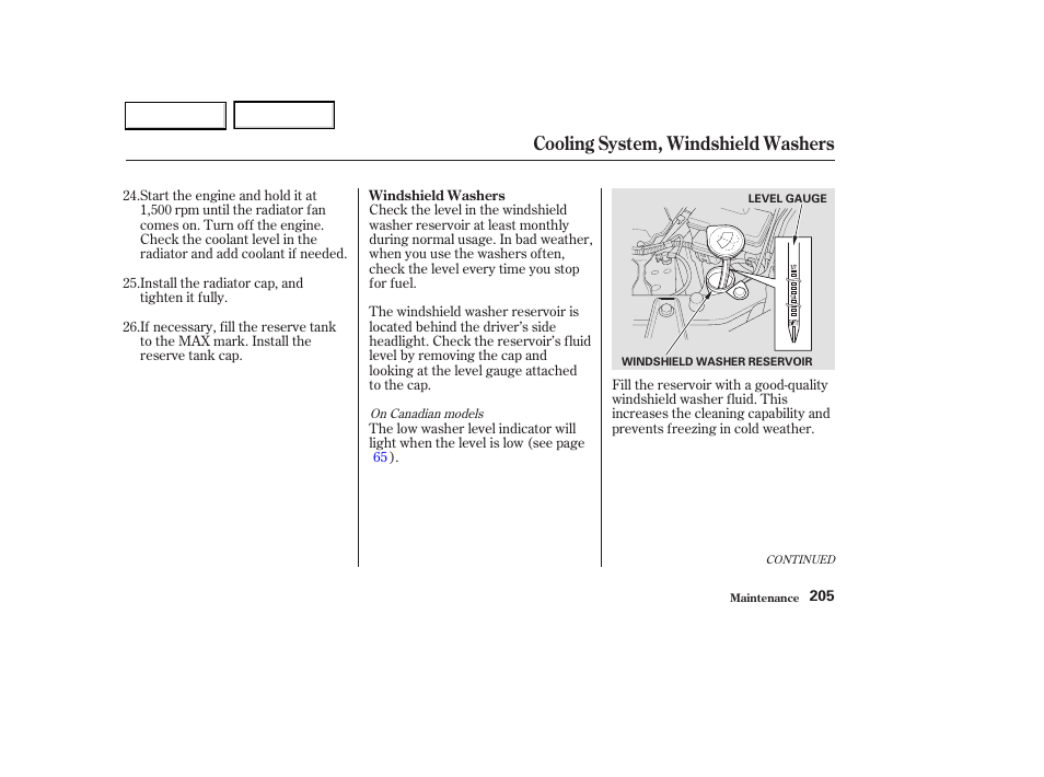 Cooling system, windshield washers | HONDA 2003 Civic Hybrid - Owner's Manual User Manual | Page 208 / 317