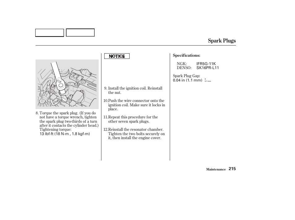 Spark plugs | HONDA 2003 Civic Hybrid - Owner's Manual User Manual | Page 218 / 317