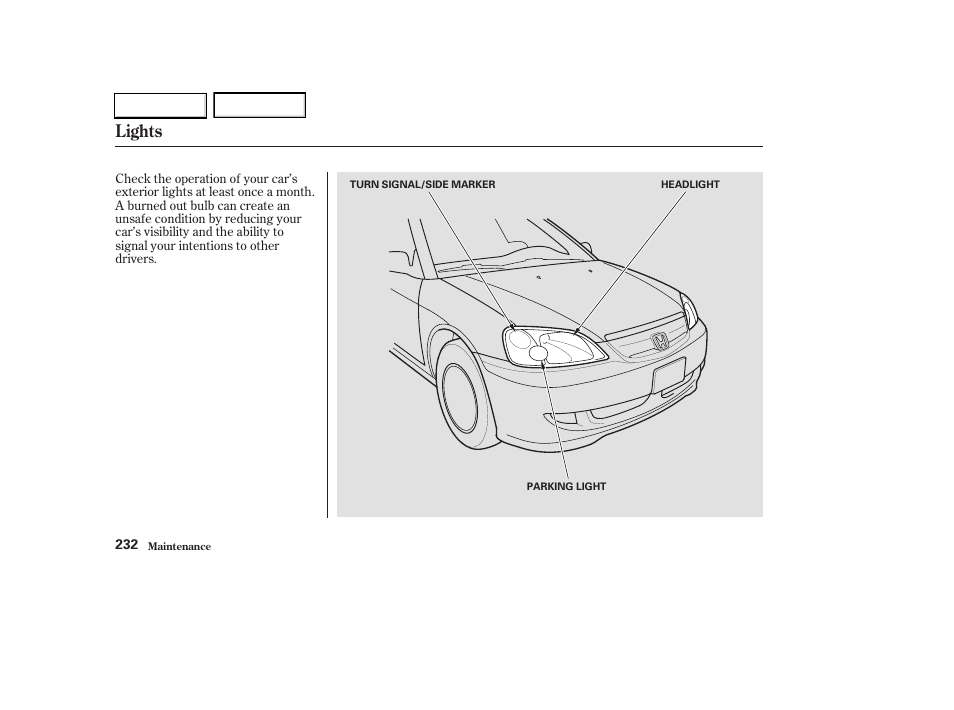 Lights | HONDA 2003 Civic Hybrid - Owner's Manual User Manual | Page 235 / 317