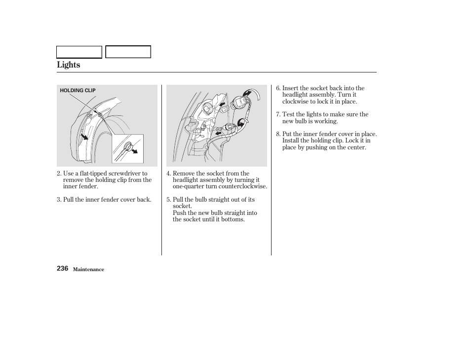 Lights | HONDA 2003 Civic Hybrid - Owner's Manual User Manual | Page 239 / 317