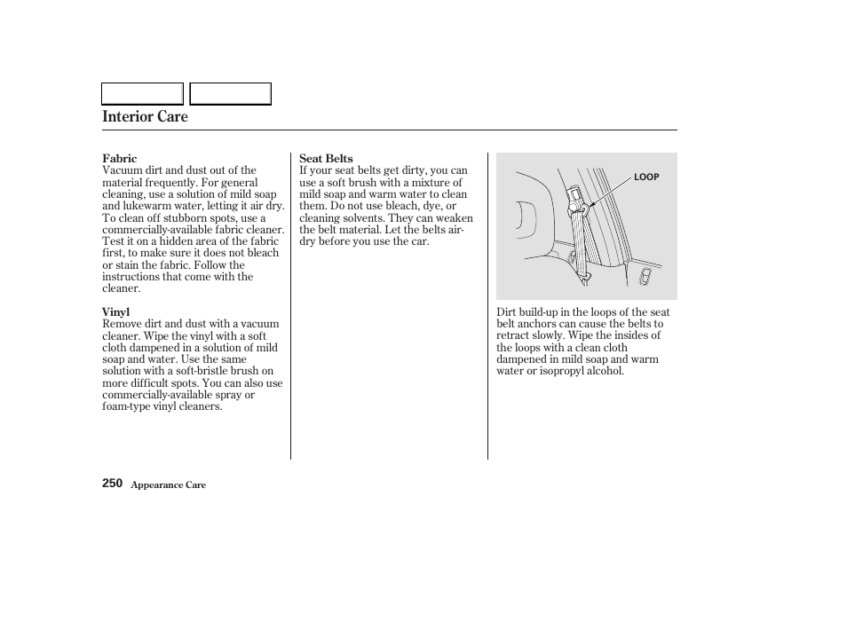 Interior care | HONDA 2003 Civic Hybrid - Owner's Manual User Manual | Page 253 / 317