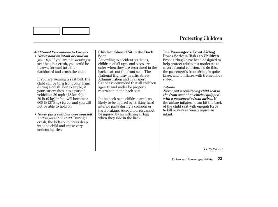 Protecting children | HONDA 2003 Civic Hybrid - Owner's Manual User Manual | Page 26 / 317