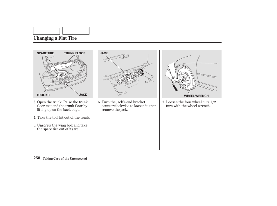 Changing a flat tire | HONDA 2003 Civic Hybrid - Owner's Manual User Manual | Page 261 / 317