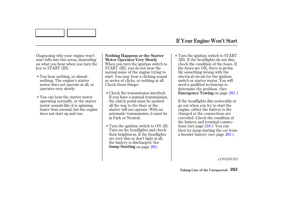 If your engine won’t start | HONDA 2003 Civic Hybrid - Owner's Manual User Manual | Page 266 / 317