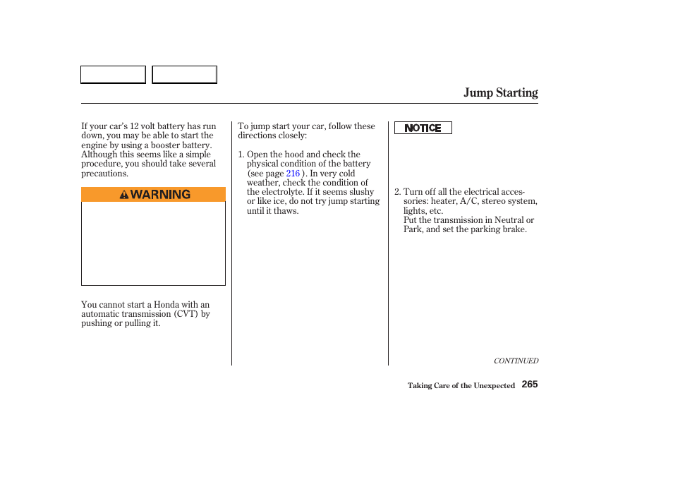 Jump starting | HONDA 2003 Civic Hybrid - Owner's Manual User Manual | Page 268 / 317