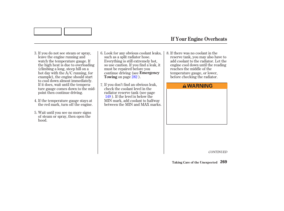 If your engine overheats | HONDA 2003 Civic Hybrid - Owner's Manual User Manual | Page 272 / 317