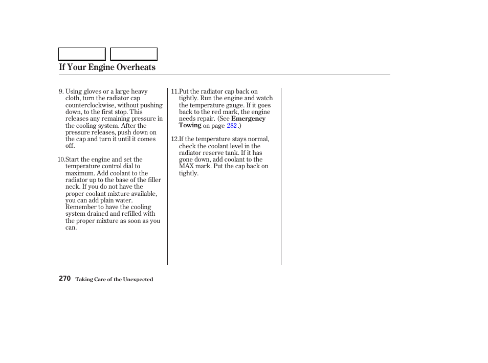 If your engine overheats | HONDA 2003 Civic Hybrid - Owner's Manual User Manual | Page 273 / 317