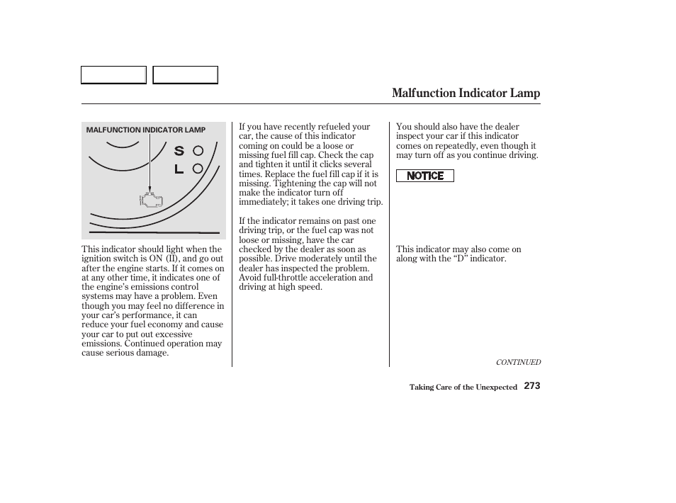 Malfunction indicator lamp | HONDA 2003 Civic Hybrid - Owner's Manual User Manual | Page 276 / 317