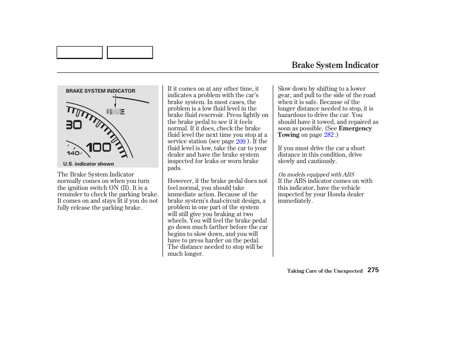 Brake system indicator | HONDA 2003 Civic Hybrid - Owner's Manual User Manual | Page 278 / 317