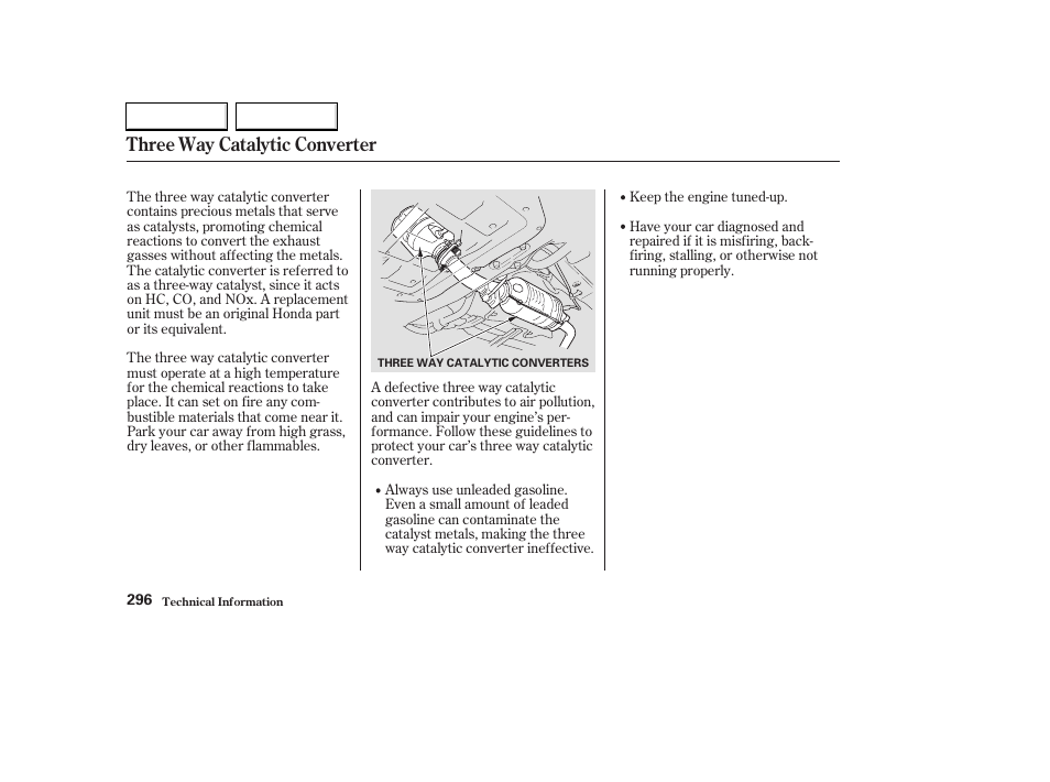 Three way catalytic converter | HONDA 2003 Civic Hybrid - Owner's Manual User Manual | Page 299 / 317