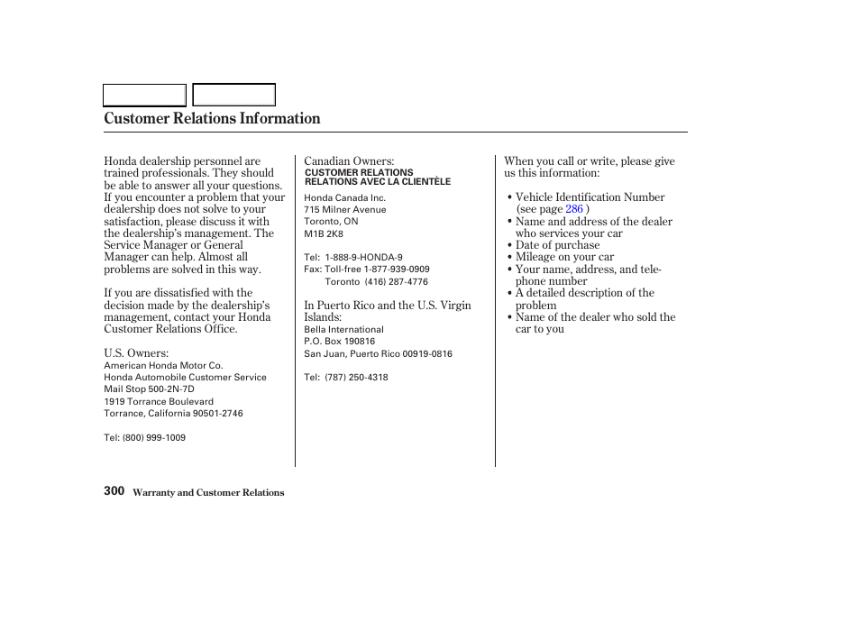Customer relations information | HONDA 2003 Civic Hybrid - Owner's Manual User Manual | Page 303 / 317