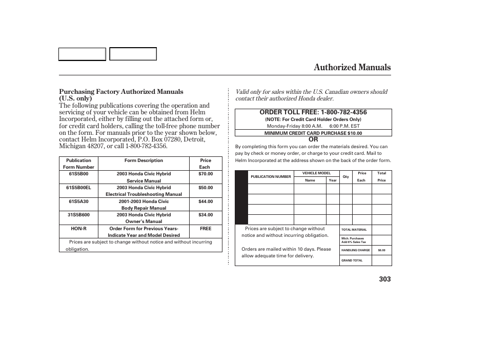 Authorized manuals | HONDA 2003 Civic Hybrid - Owner's Manual User Manual | Page 306 / 317
