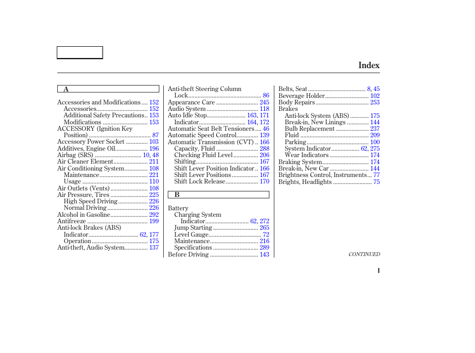 Index | HONDA 2003 Civic Hybrid - Owner's Manual User Manual | Page 308 / 317