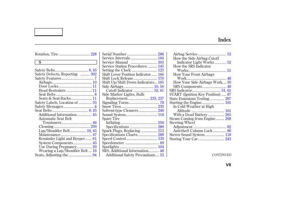 Index | HONDA 2003 Civic Hybrid - Owner's Manual User Manual | Page 314 / 317