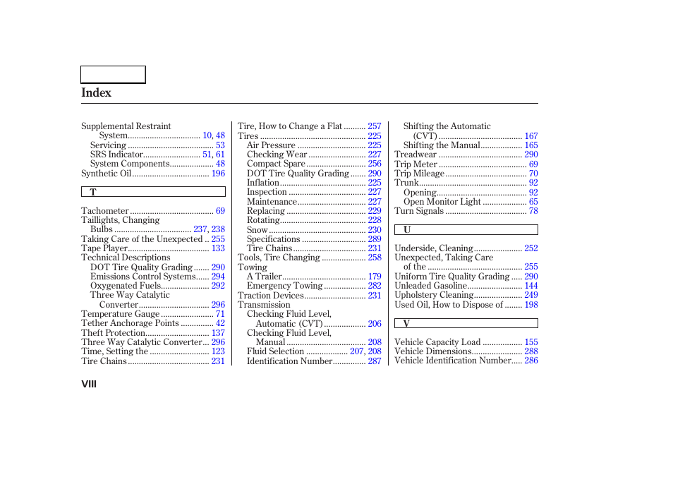 Index | HONDA 2003 Civic Hybrid - Owner's Manual User Manual | Page 315 / 317