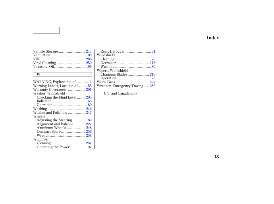 Index | HONDA 2003 Civic Hybrid - Owner's Manual User Manual | Page 316 / 317